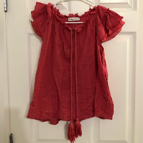 Karina Grimaldi Pink & Metallic, Flutter sleeve Tassel Top , size medium - Picture 2 of 3